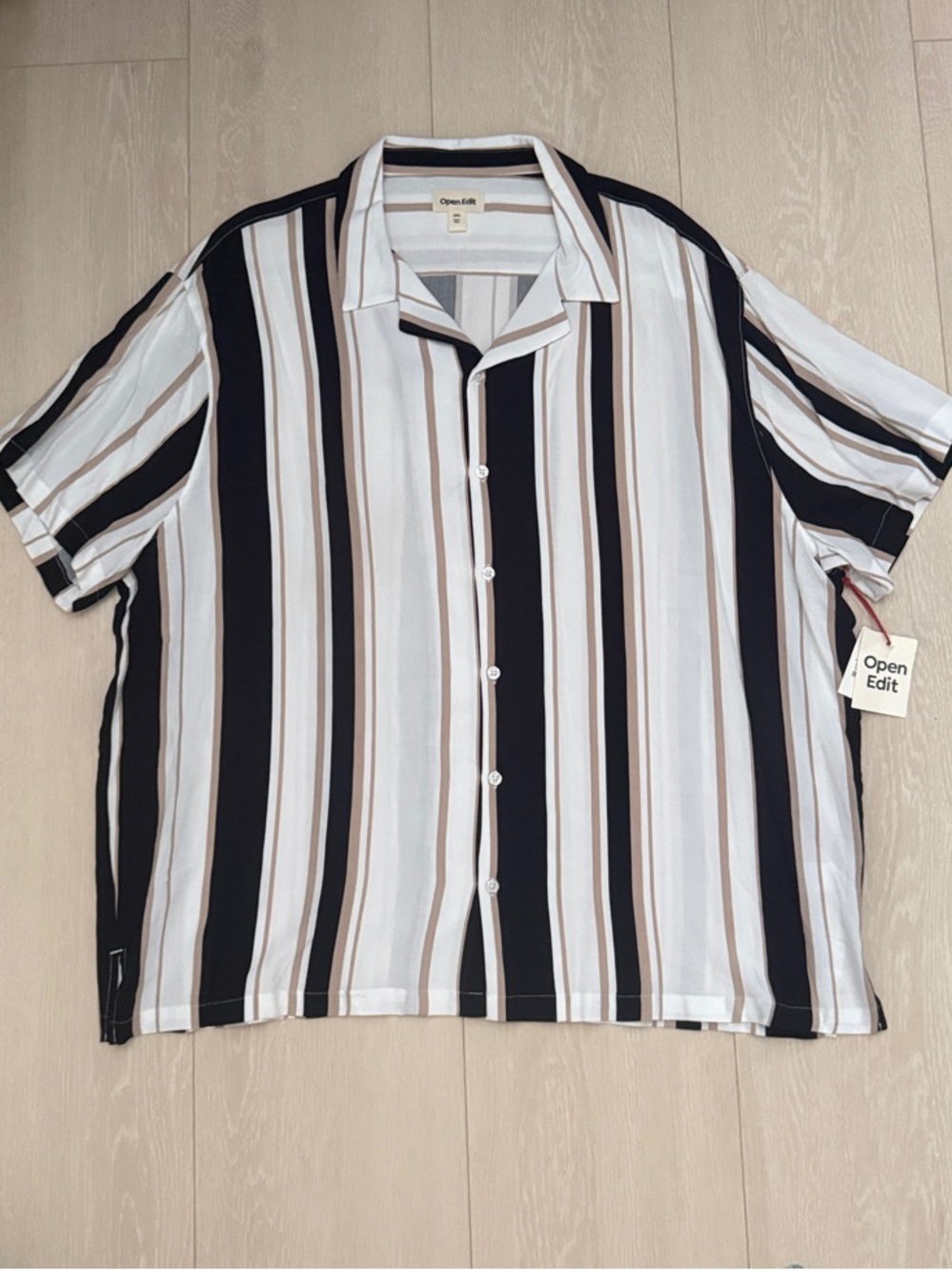 Open Edit Short-Sleeve Vertical Stripe Button-Down Shirt — White, Black & Brown